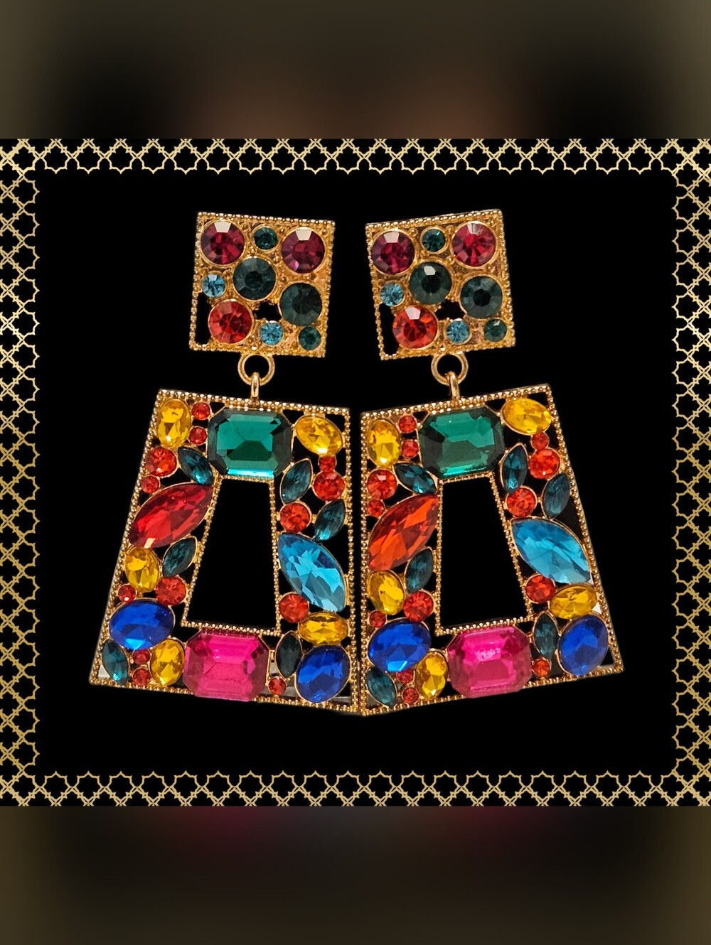 Gold Tone Multicolor Acrylic Rhinestone Statement Earrings